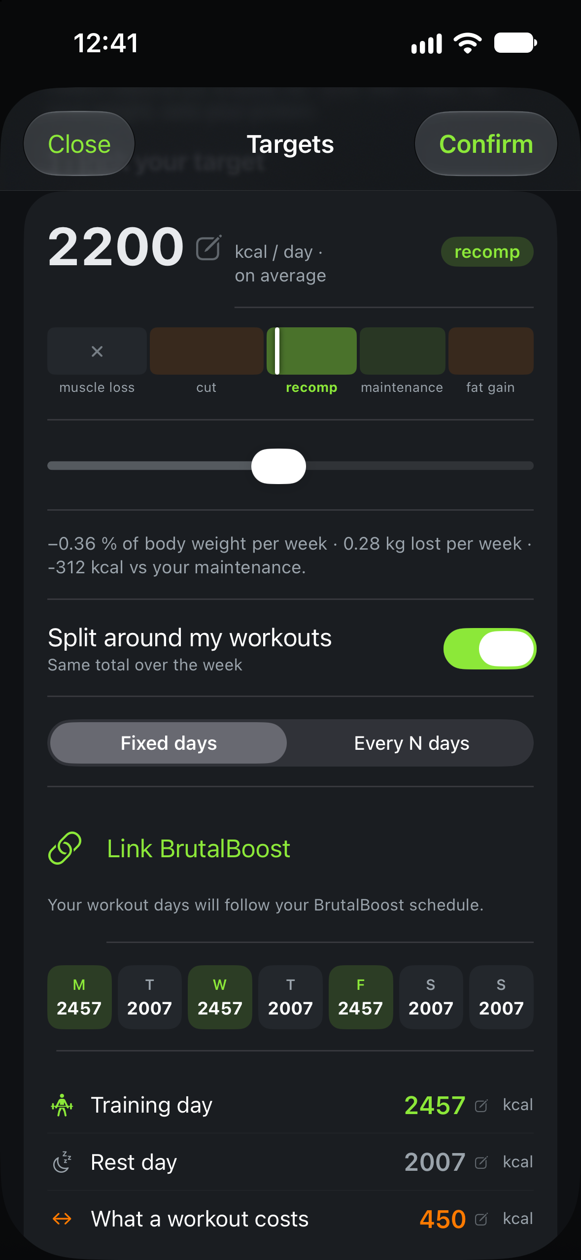 Targets screen: goal, colored zones and training-day split.