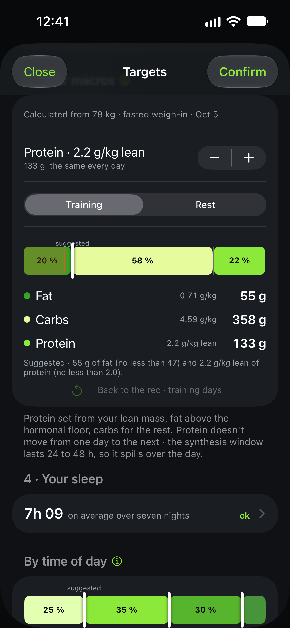 Targets screen: training and rest day macros, sleep and split by time of day.