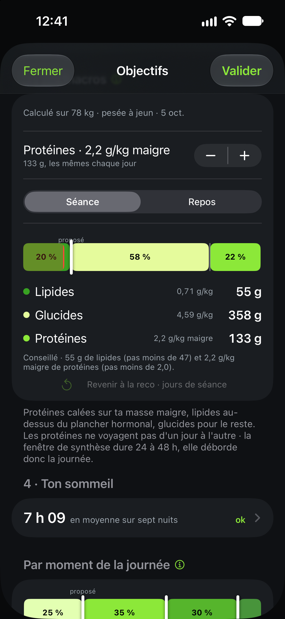 Écran Objectifs : macros des jours de séance et de repos, sommeil et répartition par moment.