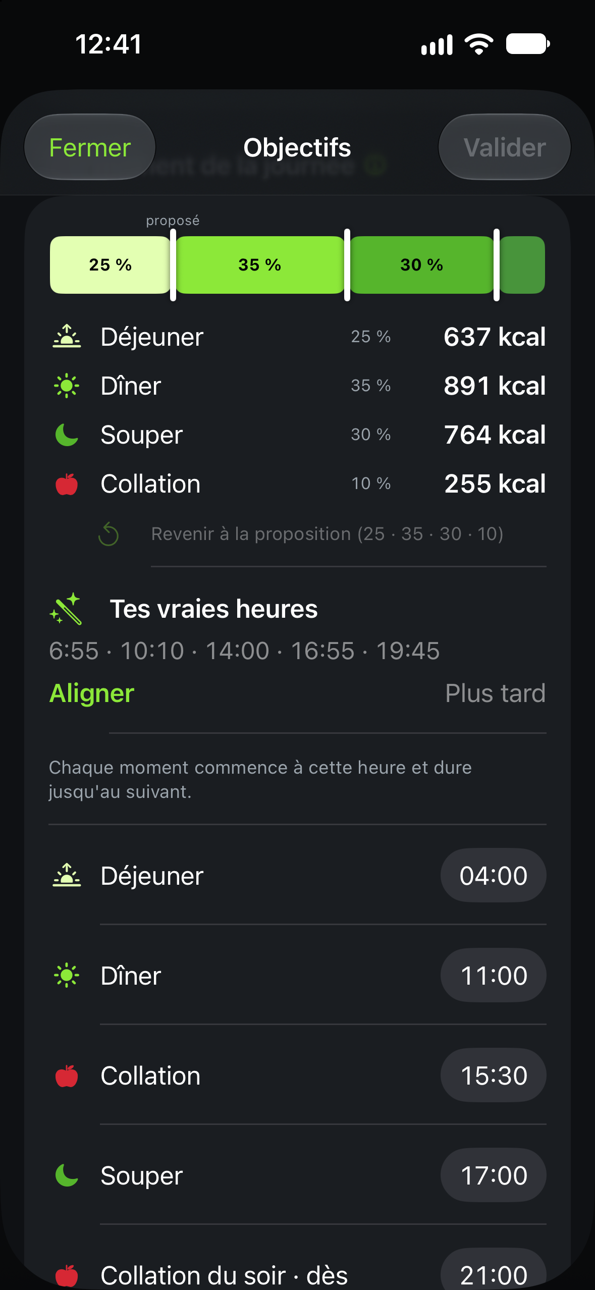 Graphiques de répartition des calories entre les moments de la journée dans Calotri.
