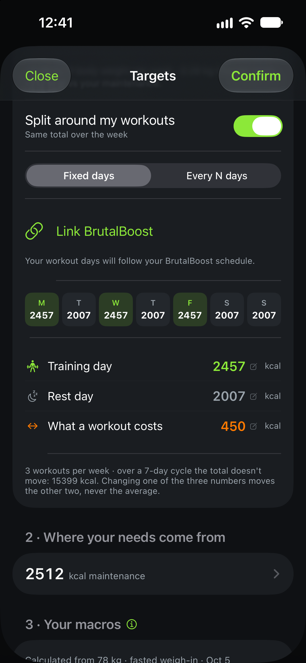 Calotri training-day calorie settings with fixed weekdays.