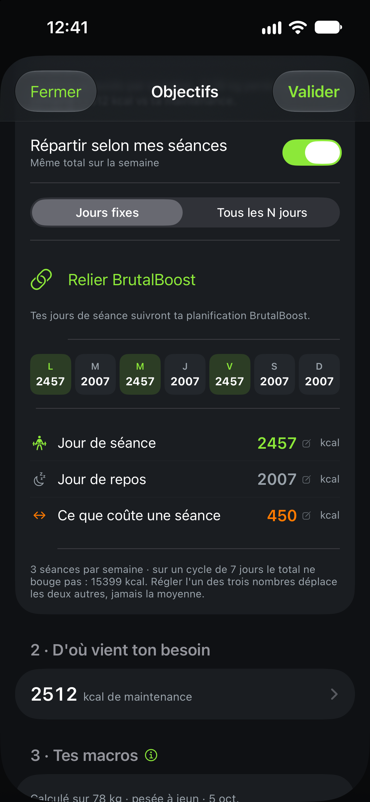 Répartir selon mes séances dans Calotri, avec les jours fixes de la semaine.