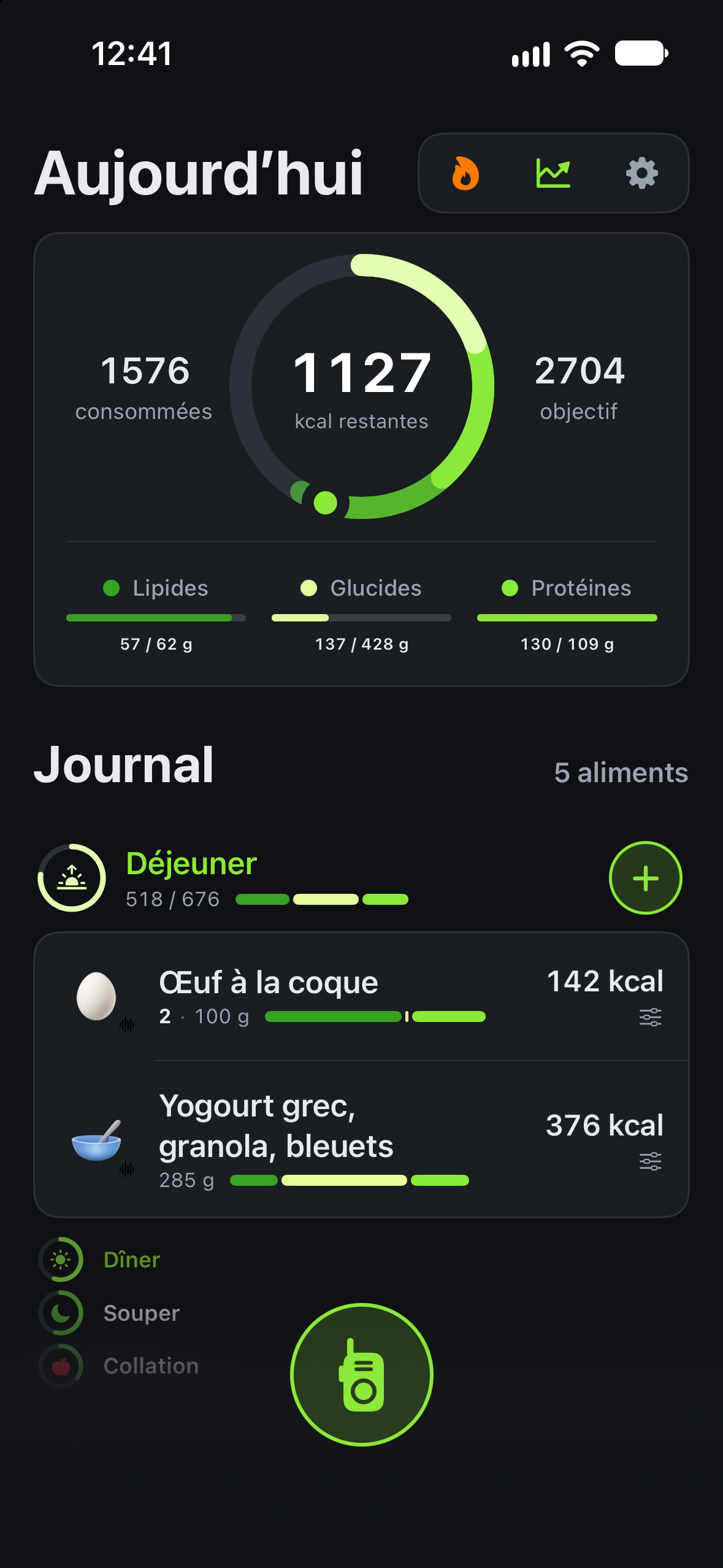 Bouton Talkie Walkie au bas du journal Calotri, avec le repas ouvert.